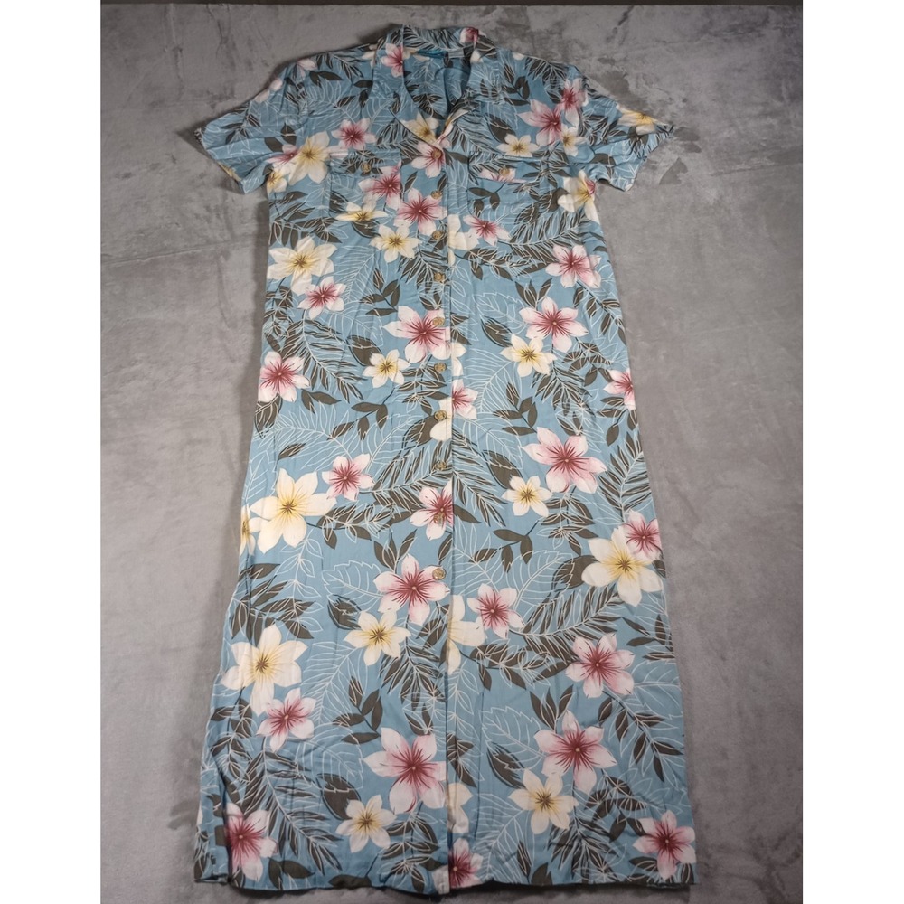 Bahama Beach Maxi Dress L Blue Tropical Hibiscus Rayon Button Front Summer